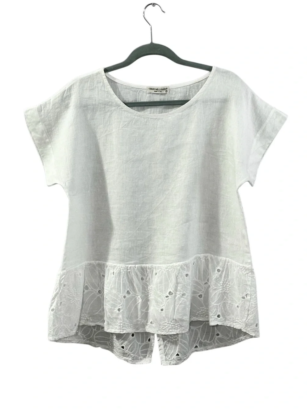 Terzo Millennio Italy 100% Linen Bright White Eyelet Ruffle Hem Blouse Small